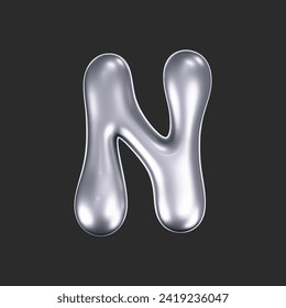 3d chrome liquid letter N in y2k style isolated on a dark background. Render of 3d metal inflated bubble alphabet with glossy silver effect. 3d vector y2k typography letter