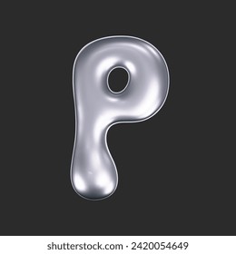 3d chrome liquid letter P in y2k style isolated on a dark background. Render of 3d metal inflated bubble alphabet with glossy silver effect. 3d vector y2k typography letter