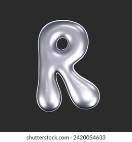 3d chrome liquid letter R in y2k style isolated on a dark background. Render of 3d metal inflated bubble alphabet with glossy silver effect. 3d vector y2k typography letter