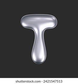 3d chrome liquid letter T in y2k style isolated on a dark background. Render of 3d metal inflated bubble alphabet with glossy silver effect. 3d vector y2k typography letter