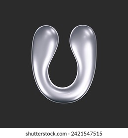 3d chrome liquid letter U in y2k style isolated on a dark background. Render of 3d metal inflated bubble alphabet with glossy silver effect. 3d vector y2k typography letter