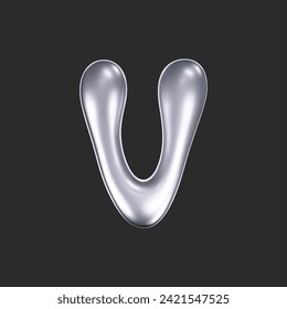 3d chrome liquid letter V in y2k style isolated on a dark background. Render of 3d metal inflated bubble alphabet with glossy silver effect. 3d vector y2k typography letter