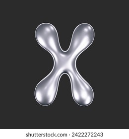 3d chrome liquid letter X in y2k style isolated on a dark background. Render of 3d metal inflated bubble alphabet with glossy silver effect. 3d vector y2k typography letter