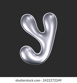 3d chrome liquid letter Y in y2k style isolated on a dark background. Render of 3d metal inflated bubble alphabet with glossy silver effect. 3d vector y2k typography letter