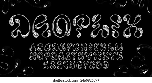 3D chrome liquid metal alphabet letter and number set with wavy melting shapes. Fluid Y2K font with bubble and dripping elements for futuristic text. Silver typography for banner, poster, print