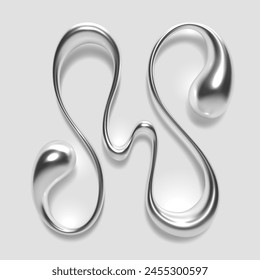 3D chrome liquid metal letter N, with a reflective glossy finish and abstract blob shape, designed for Y2K silver typography alphabet