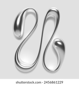 3D chrome liquid metal letter U, with a reflective glossy finish and abstract blob shape, designed for Y2K silver typography alphabet