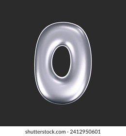 3d chrome liquid number 0 in y2k style isolated on a dark background. Render of 3d metal inflated figures with glossy silver effect. 3d vector y2k typography digit