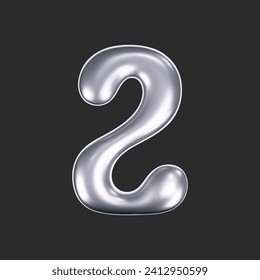3d chrome liquid number 2 in y2k style isolated on a dark background. Render of 3d metal inflated figures with glossy silver effect. 3d vector y2k typography digit