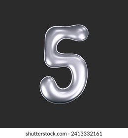 3d chrome liquid number 5 in y2k style isolated on a dark background. Render of 3d metal inflated figures with glossy silver effect. 3d vector y2k typography digit