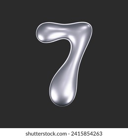 3d chrome liquid number 7 in y2k style isolated on a dark background. Render of 3d metal inflated figures with glossy silver effect. 3d vector y2k typography digit