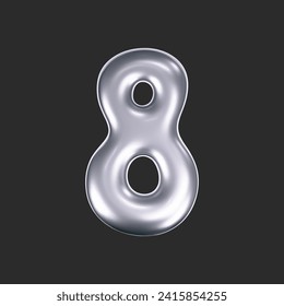 3d chrome liquid number 8 in y2k style isolated on a dark background. Render of 3d metal inflated figures with glossy silver effect. 3d vector y2k typography digit