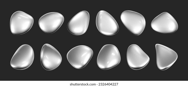 3d chrome liquid shape, set metallic fluid bubbles isolated on black background. Render of 3d abstract, futuristic metal blob with gradient chrome reflection effect. 3d vector geometric illustration