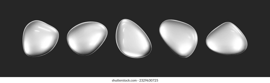 3d chrome liquid shape, set metallic fluid bubbles isolated on black background. Render of 3d abstract, futuristic metal blob with gradient chrome reflection effect. 3d vector geometric illustration