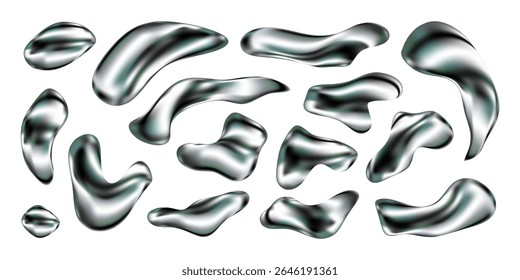 3D chrome liquid shapes set. Silver metallic blobs and fluid splashes with holographic texture and glossy finish. Abstract Y2K aesthetic with futuristic organic forms. Vector isolated elements.