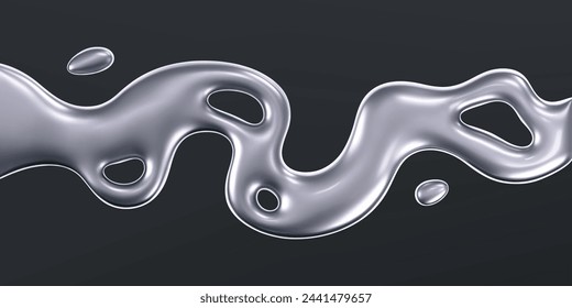 Onda líquida cromada 3d con gotas aisladas sobre un fondo oscuro. Render de cinta de metal fluido con efecto de gradiente de reflexión volando en concepto de movimiento para el póster, cubierta. cromorfismo vectorial 3d