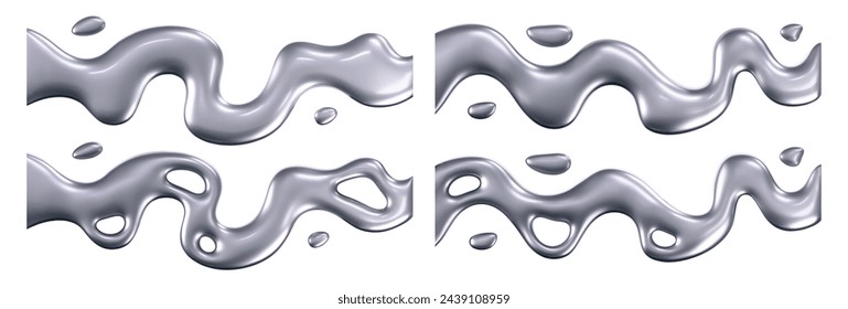 3d chrome liquid wave set with drops isolated on a white background. Render of fluid metal ribbon with reflection gradient flying in motion concept for poster, cover. 3d vector geometric background