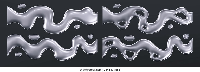 Conjunto de ondas líquidas cromadas 3d con gotas aisladas sobre un fondo oscuro. Render de la cinta de metal fluido con gradiente de reflexión volando en concepto de movimiento para el póster, cubierta. Fondo geométrico de vector 3d