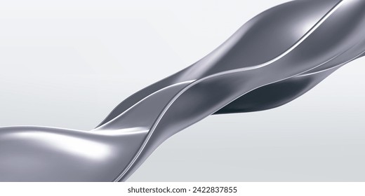 3d chrome liquid wave, silver silk fabric isolated on light background. Render of fluid metal ribbon with reflection gradient effect flying in motion. 3d vector geometric background