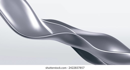 3d chrome liquid wave, silver silk fabric isolated on light background. Render of fluid metal ribbon with reflection gradient effect flying in motion. 3d vector geometric background