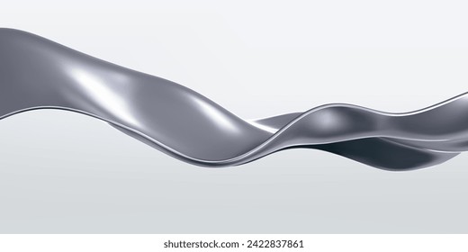 3d chrome liquid wave, silver silk fabric isolated on light background. Render of fluid metal ribbon with reflection gradient effect flying in motion. 3d vector geometric background