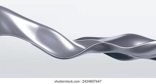 3d chrome liquid wave, silver silk fabric isolated on light background. Render of fluid metal ribbon with reflection gradient effect flying in motion. 3d vector geometric background