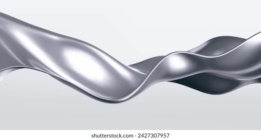 Onda líquida cromada 3d, tela de seda de plata aislada sobre fondo claro. Renderizado de cinta metálica fluida con efecto de gradiente de reflexión volando en movimiento. Fondo geométrico de vector 3d