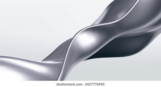 Onda líquida cromada 3d, tela de seda de plata aislada sobre fondo claro. Renderizado de cinta metálica fluida con efecto de gradiente de reflexión volando en movimiento. Fondo geométrico de vector 3d