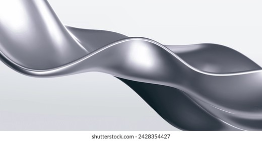 3d chrome liquid wave, silver silk fabric isolated on light background. Render of fluid metal ribbon with reflection gradient effect flying in motion. 3d vector geometric background