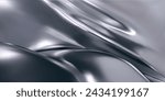 3d chrome liquid wavy texture, silver silk fabric background or smooth metal foil. Render of luxury cloth or curtain with wavy folds, shiny gradient effect flying in motion. 3d vector chrome texture