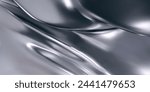3d chrome liquid wavy texture, silver silk fabric background or smooth metal foil. Render of luxury cloth or curtain with wavy folds, shiny gradient effect flying in motion. 3d vector chrome texture