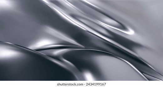 3d chrome liquid wavy texture, silver silk fabric background or smooth metal foil. Render of luxury cloth or curtain with wavy folds, shiny gradient effect flying in motion. 3d vector chrome texture