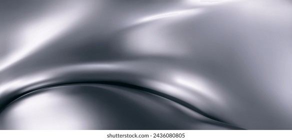 3d chrome liquid wavy texture, silver silk fabric background or smooth metal foil. Render of luxury cloth or curtain with wavy folds, shiny gradient effect flying in motion. 3d vector chrome texture