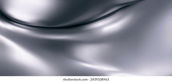 3d chrome liquid wavy texture, silver silk fabric background or smooth metal foil. Render of luxury cloth or curtain with wavy folds, shiny gradient effect flying in motion. 3d vector chrome texture