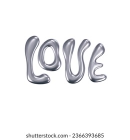 3d chrome love text in y2k style isolated on a white background. Render of 3d silver lettering with glossy gradient effect. 3d vector y2k illustration