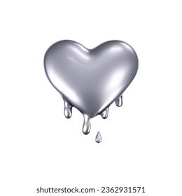 3d chrome melting heart icon in y2k style isolated on a white background. Render of 3d silver heart emoji with glossy gradient effect. 3d vector y2k illustration