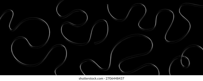 Líneas de metal cromado 3D sobre fondo negro. Patrón de forma de espiral de plata. Onda fluida negra de acero, curva, remolino brillante. Ilustración vectorial Abstractas, diseño futurista moderno