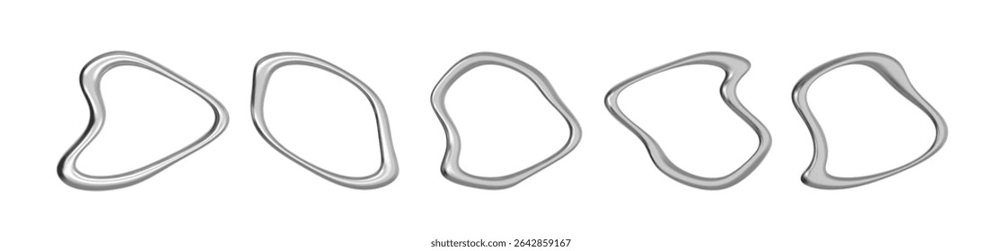 3D Chrome Metal Ring with Holographic Liquid Effect and Circular Steel Frame. Abstract Blue Wave Shape for Futuristic Logo or Cyberpunk Banner. Isolated Vector Gradient Icon with Glossy Swirl.
