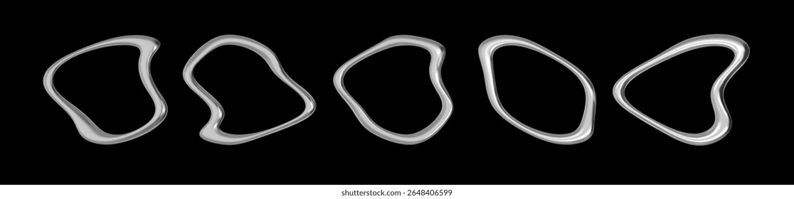 3D Chrome Metal Ring with Holographic Liquid Effect and Circular Steel Frame. Abstract Blue Wave Shape for Futuristic Logo or Cyberpunk Banner.