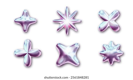 3d chrome metal shapes.Set of chrome elements for design in Y2K style