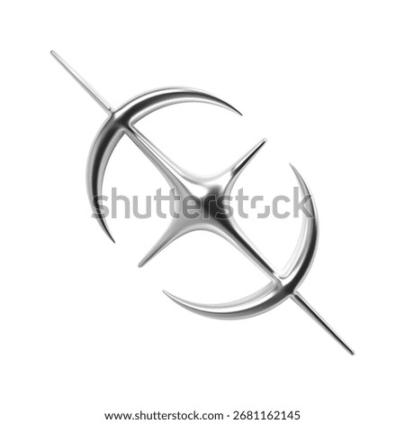 3D chrome metallic cosmic symbol with star and crescent shapes in glossy futuristic Y2K design