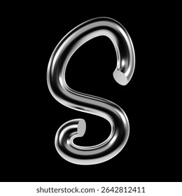 Letra metálica cromada 3D S com forma tubular brilhante e extremidades curvas em espiral. Símbolo do alfabeto prateado em estilo digital futurista Y2K para tipografia moderna