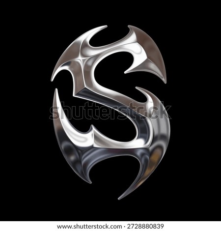 3D chrome metallic letter S with sharp tribal forms, sculptural typography with a futuristic aesthetic