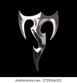 3D chrome metallic letter T featuring aggressive tribal geometry and sharp curved edges, designed as futuristic decorative typography
