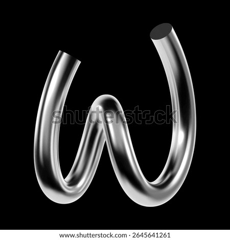 3D chrome metallic letter W with glossy tubular shape. Futuristic silver alphabet element in y2k digital style for modern graphic design