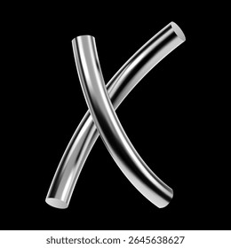 3D chrome metallic letter X with glossy tubular shape. Silver alphabet symbol in futuristic Y2K digital style for modern typography and design