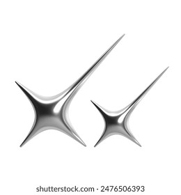 3d chrome metallic stars in y2k style. Shiny silver sparks with glossy surface for futuristic, sci-fi, retrofuturism, celestial, cosmic, modern design projects. Includes galaxy and digital elements