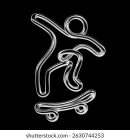 3D chrome metallic tube skateboarder jumping on skateboard. Abstract stylized figure in Y2K retrofuturistic style. Urban youth, skateboarding, sport and motion concept illustration