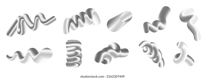 3d chrome metallic twisted liquid lines shapes. Abstract silver metal effect realistic fluid forms. Trendy gradient spiral elements. Vector set isolated