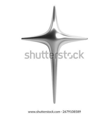 3D chrome metallic Y2K four pointed star with glossy silver surface in futuristic minimal style